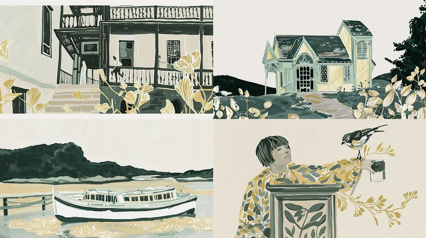 Serene Pastoral Vignettes in Olive and Umber - Midjourney sref style