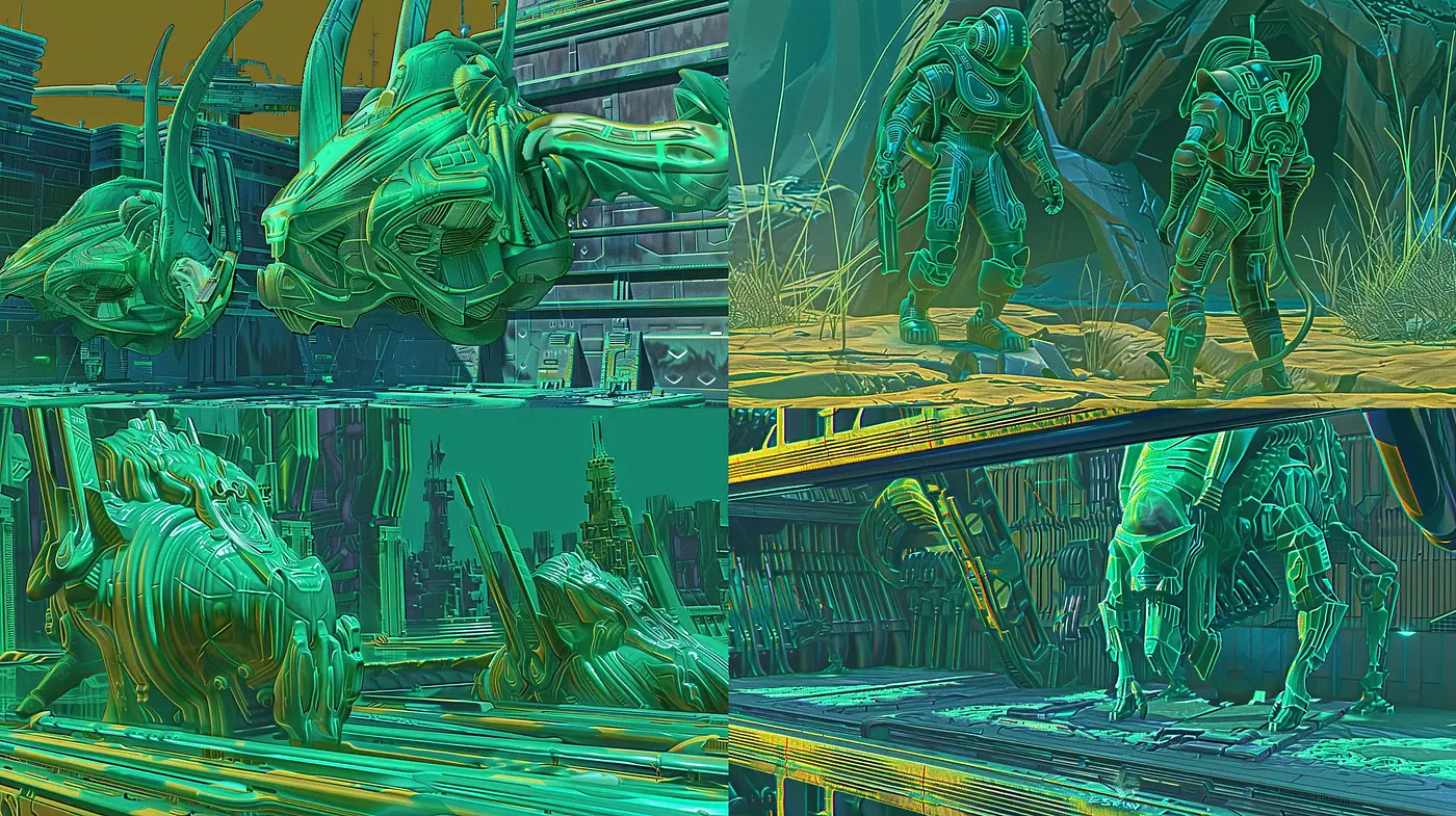 Futuristic Neon Dreamscape: A Consistent Cybernetic Vibe Captured Through Vivid Brush Strokes and Bold Contours - Midjourney sref style