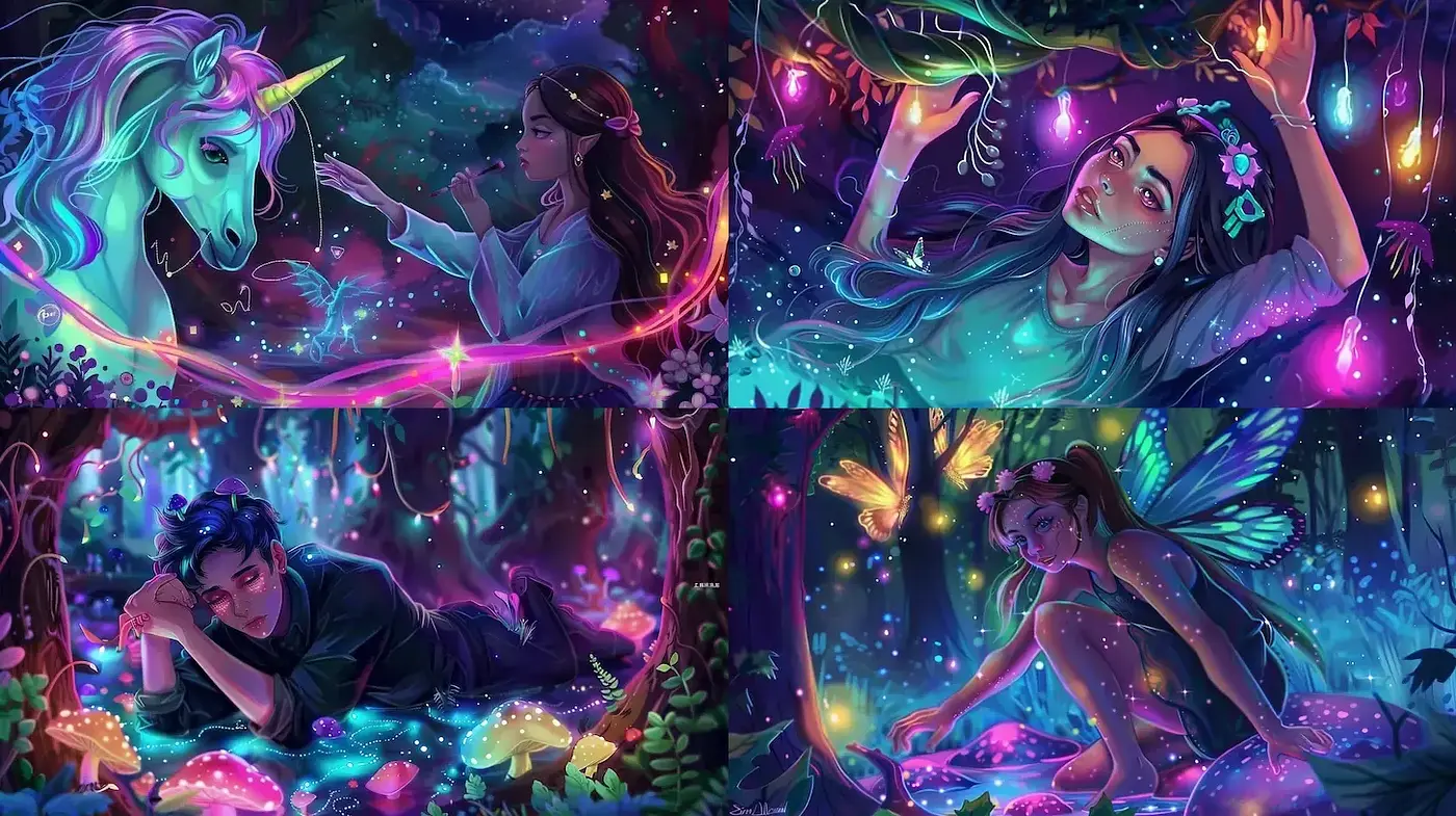 Enchanted Nocturne: Luminous Dreamscape in a Digital Illustrative Tapestry - Midjourney sref style