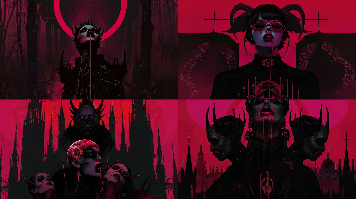 Gothic Elegance with a Crimson Enigma: A Homage to Dark Fantasy and Surrealism - Midjourney sref style