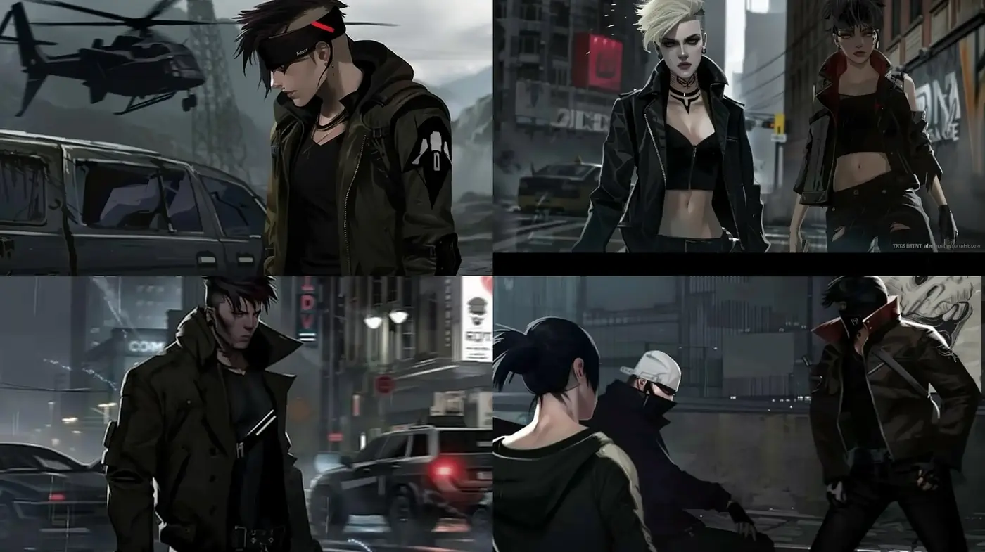 Urban Noir Cyberpunk Aesthetic with a Consistent Dark Palette - Midjourney sref style