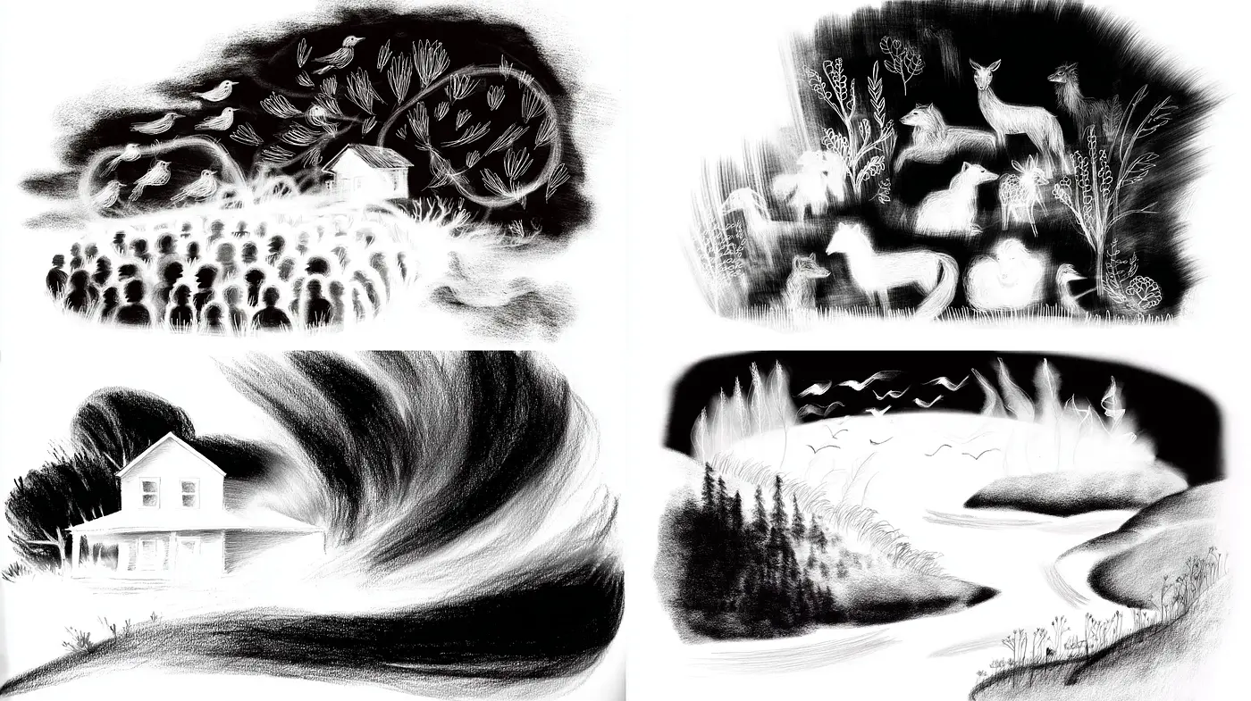 Expressive and Textured Black and White Illustrations with Dynamic Movement - Midjourney sref style