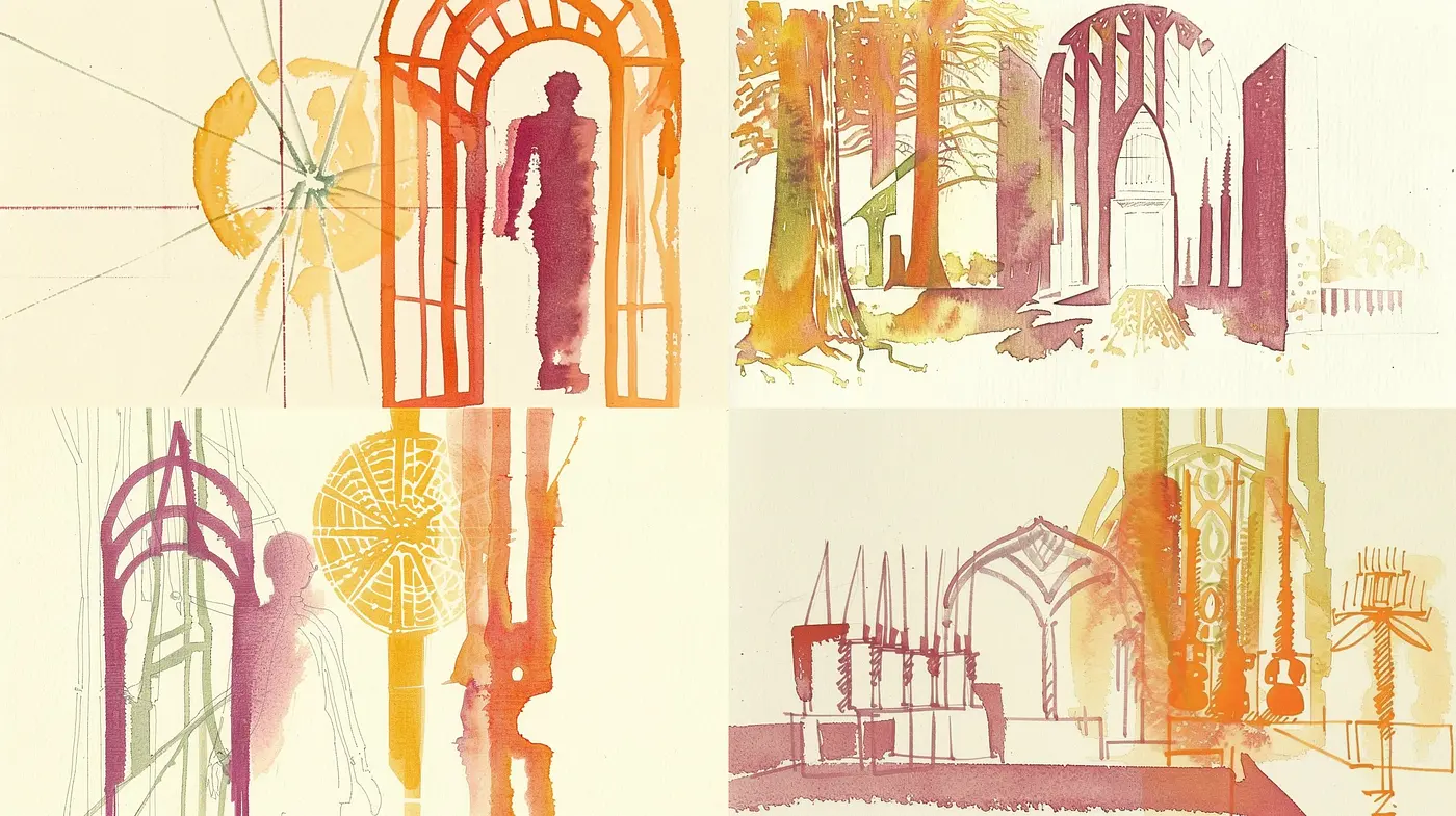 Architectural Watercolor Dreamscapes with a Surreal Warm Haze - Midjourney sref style