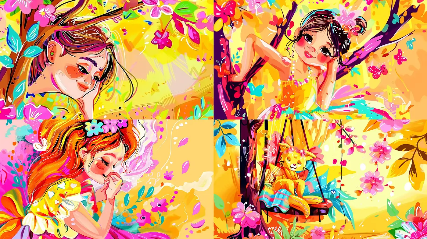 Whimsical Blossom Illustrations in Saturated Tones - Midjourney sref style