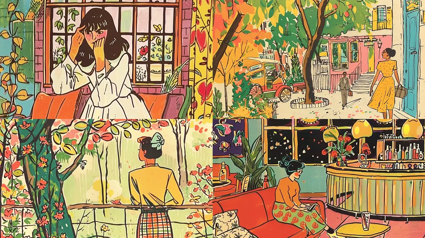 Whimsical Mid-Century Modern Illustration with Vibrant Color Narratives - Midjourney sref style