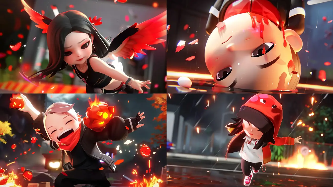 Vibrant Anime-Inspired Dynamic Renders with Lively Expressions and Energetic Fire Motifs - Midjourney sref style