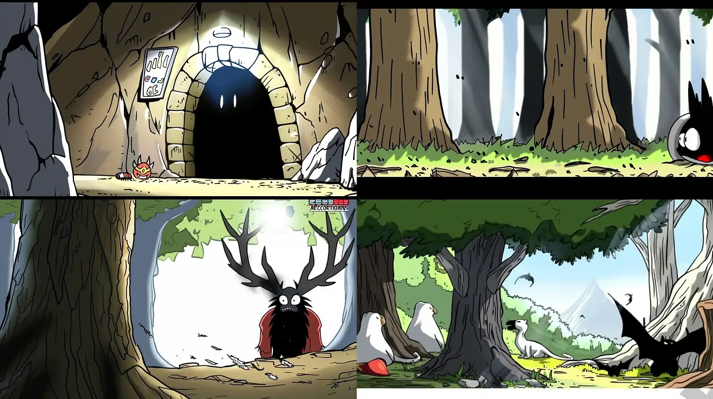Enigmatic Forest Adventures in Stylized Ink Illustration - Midjourney sref style