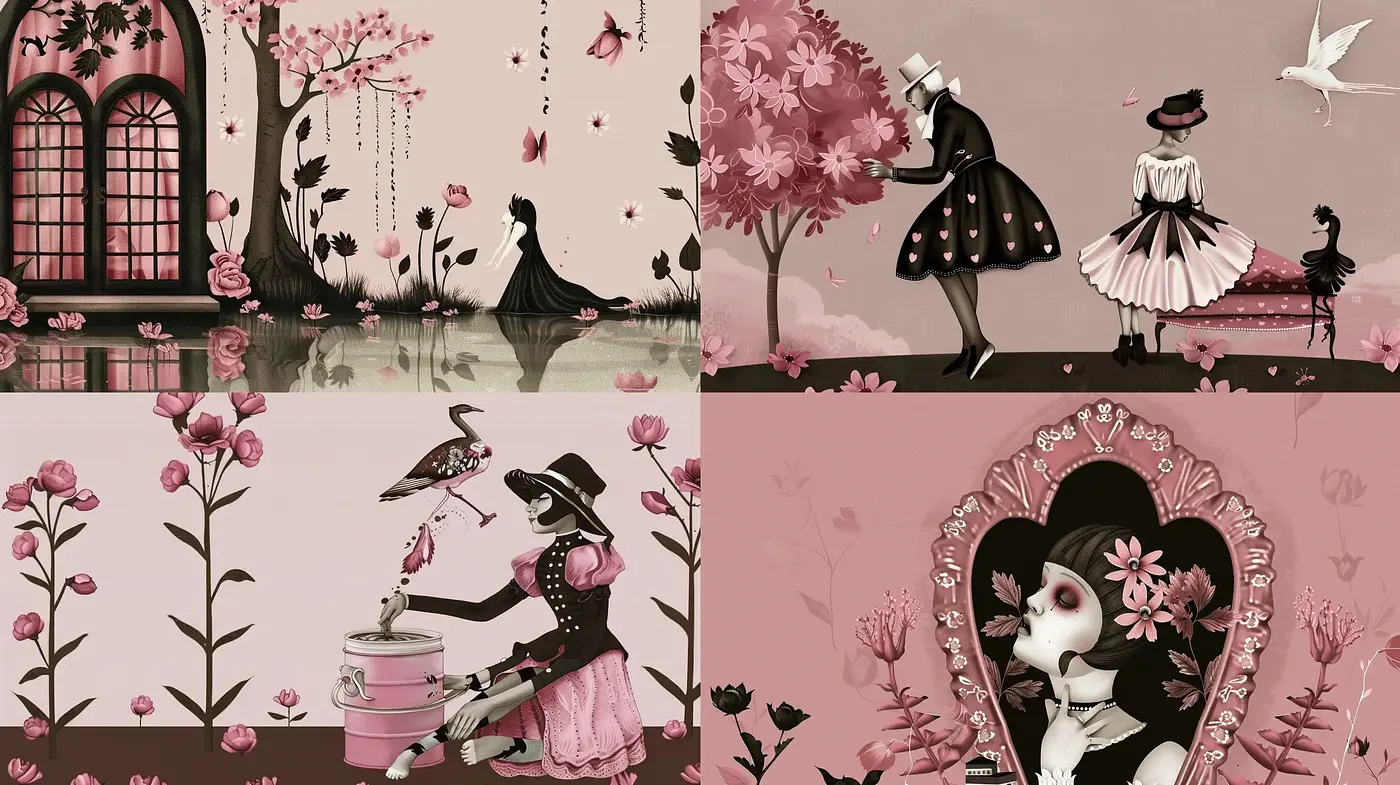 Monochromatic Rose-Tinted Whimsy: A Study in Stylized Nostalgia - Midjourney sref style
