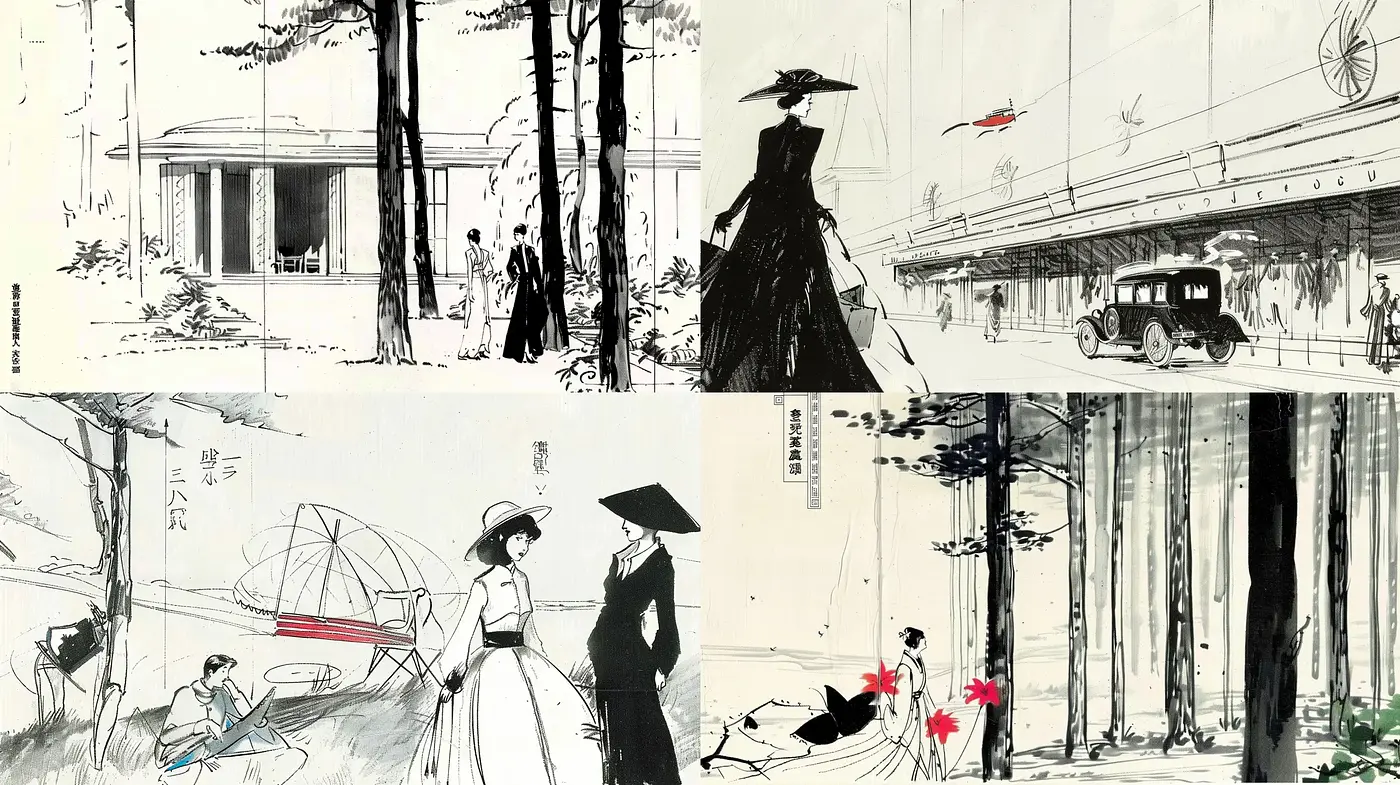 Elegantly Sketched Monochrome Visions with Selective Color Accents - Midjourney sref style