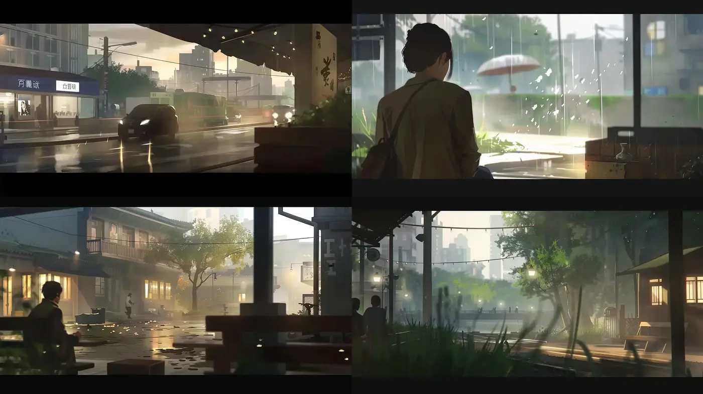 Twilight Serenity: Rainy Urban Tableaus with Lush Greenery - Midjourney sref style