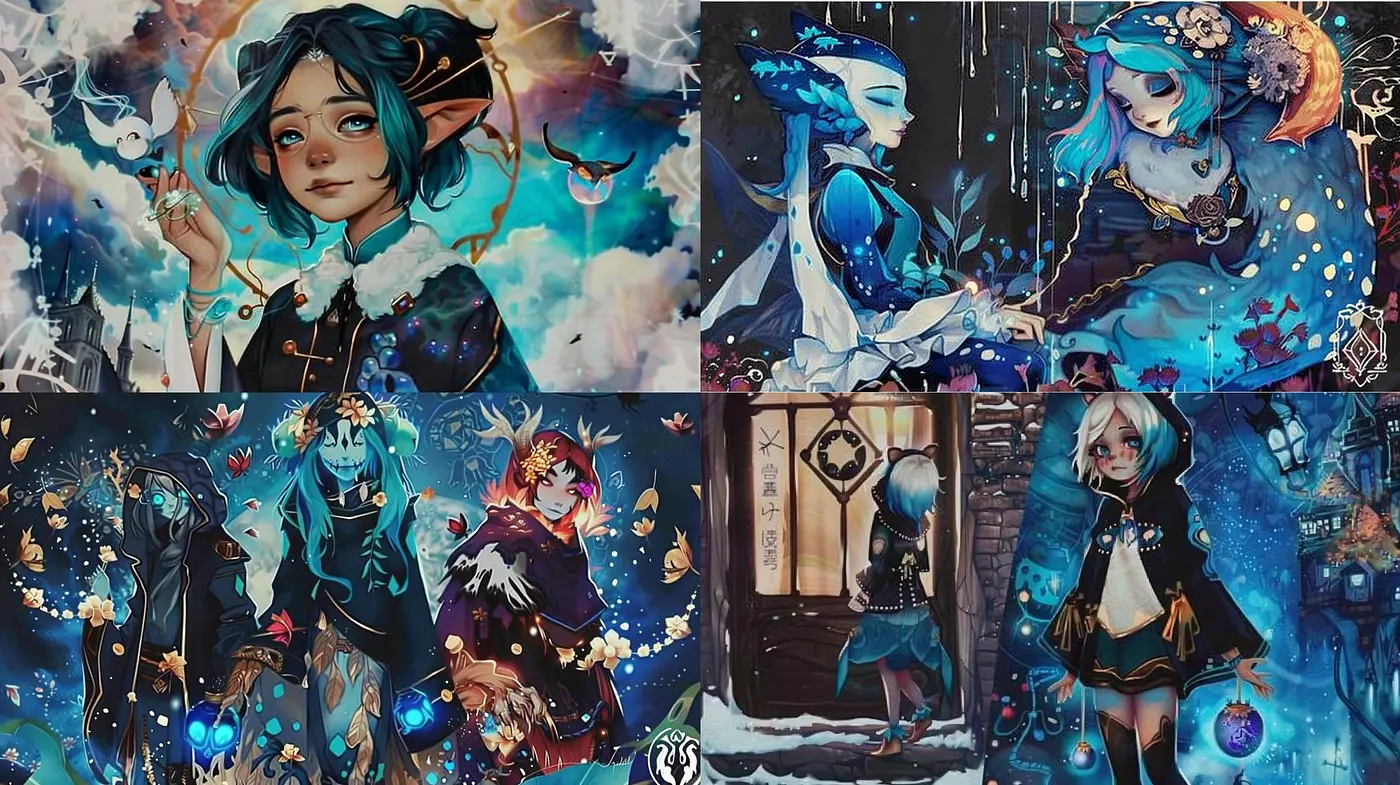 Whimsical Midnight Azure: An Ethereal Journey Across Stylized Dreamscapes - Midjourney sref style