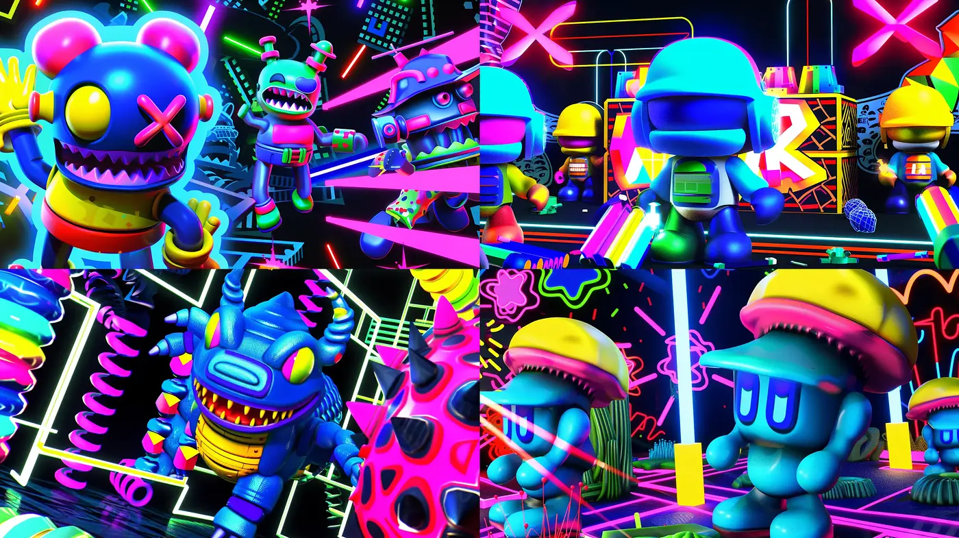 Neon Drenched Cyberpunk Dreamscape with Toy-like Figurines - Midjourney sref style