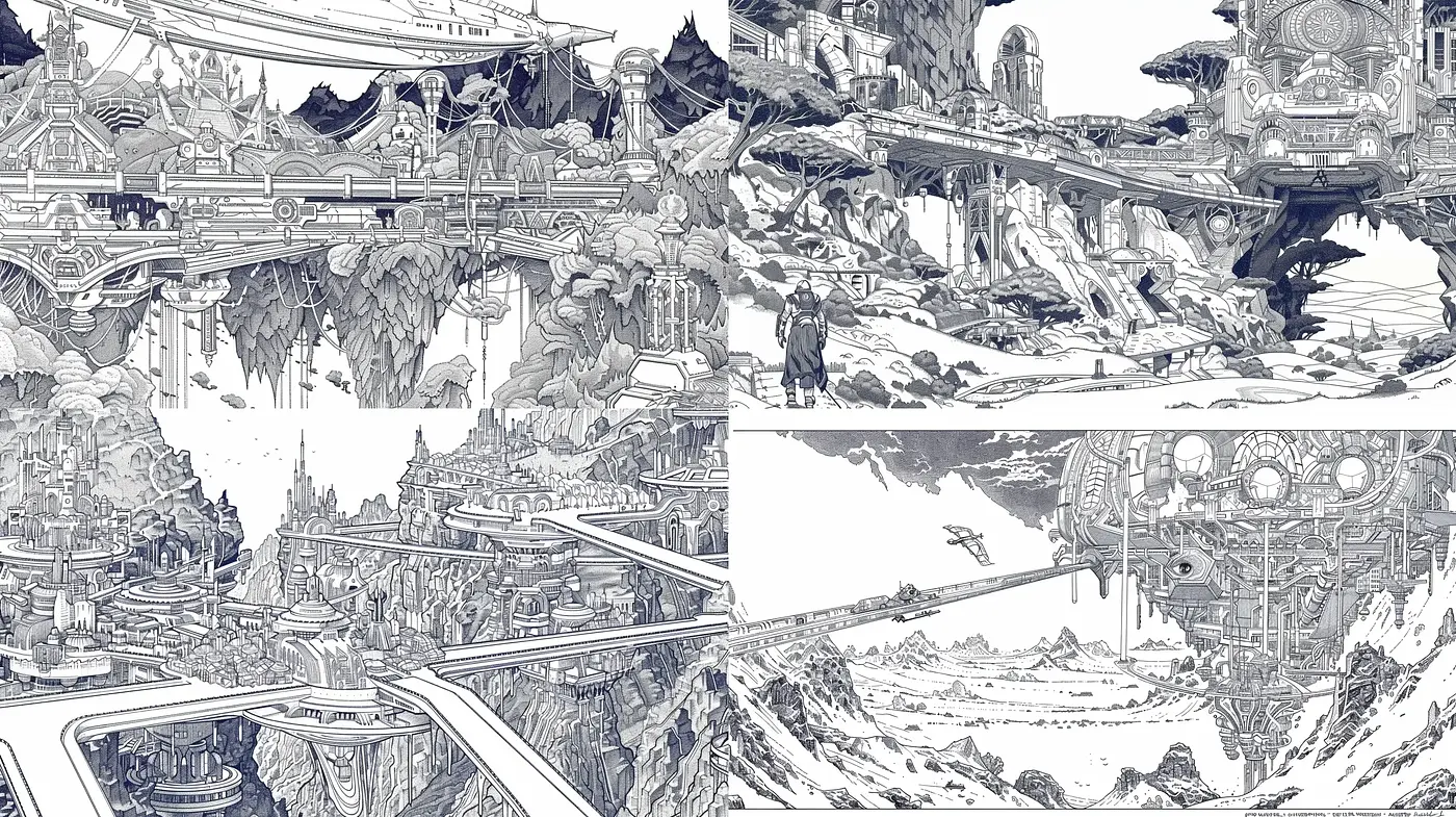 Monochromatic Dreams of a Mechanical Renaissance - Midjourney sref style