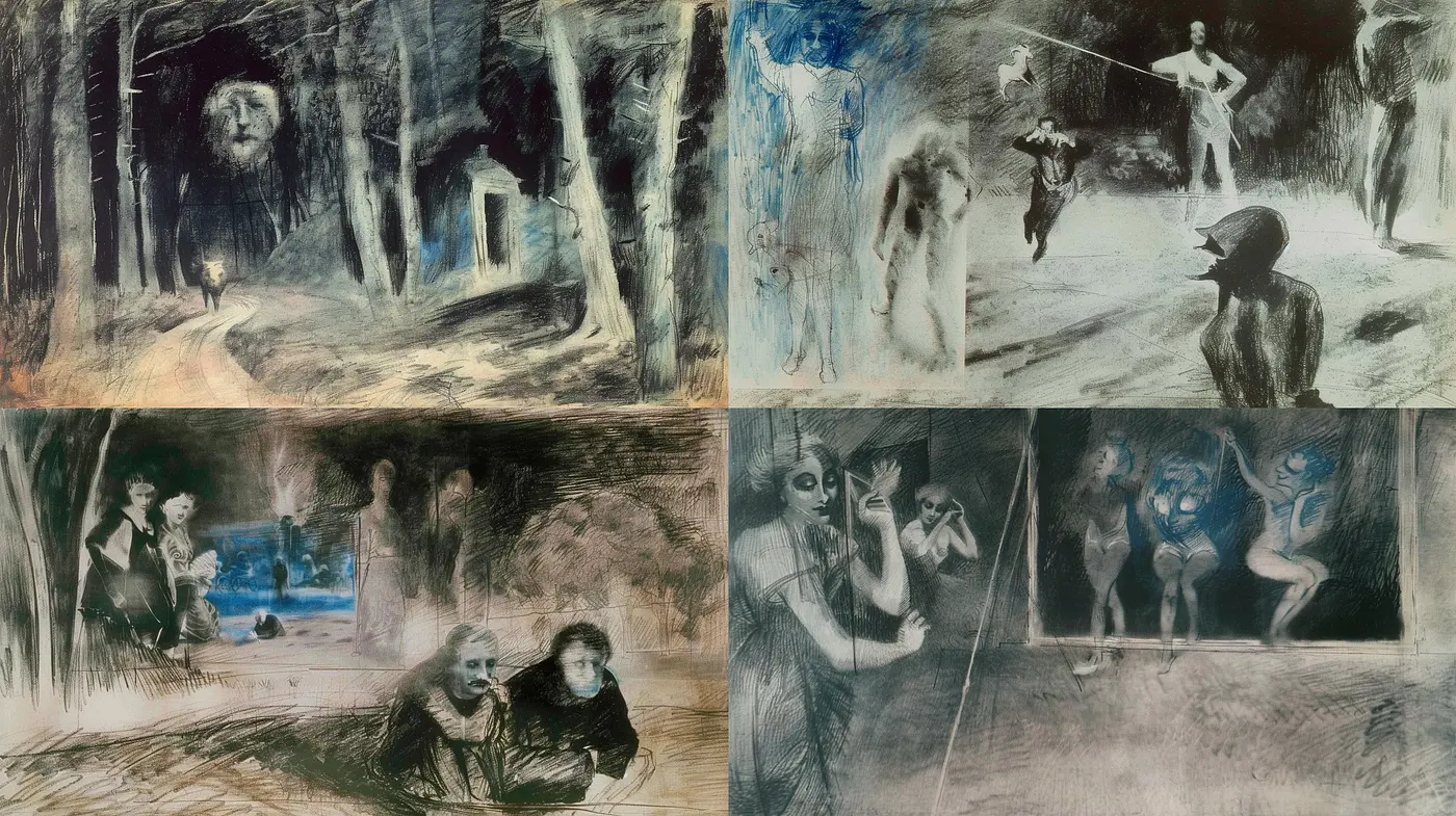 Ethereal Monochrome Dreams: A Fusion of Sketch and Shadow - Midjourney sref style