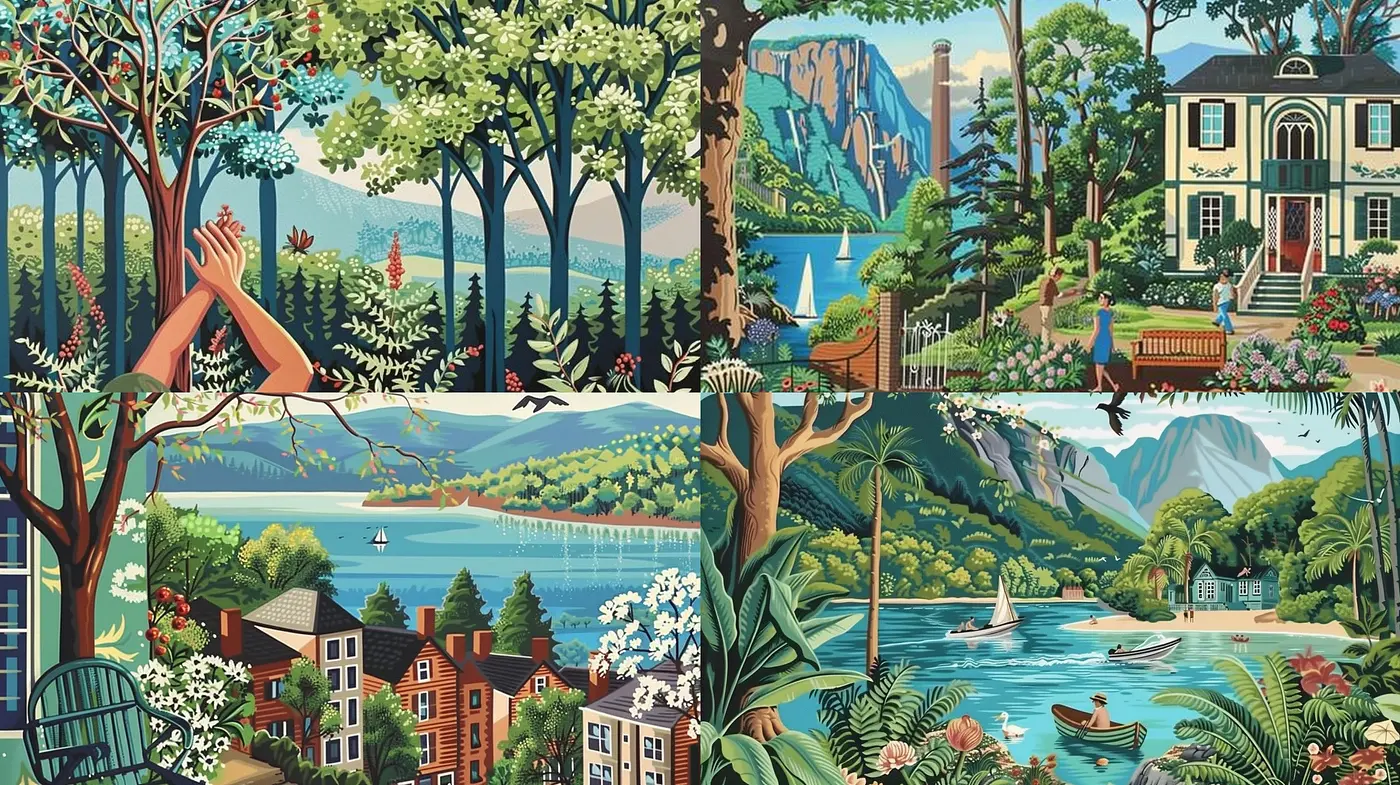 Consistent Serenity Through Stylized Nature and Vintage Hues - Midjourney sref style