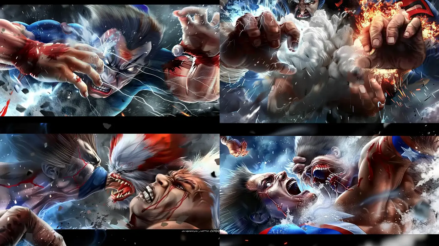 Dynamic Hyper-Realistic Combative Artistry with Dramatic Shading and Energy - Midjourney sref style