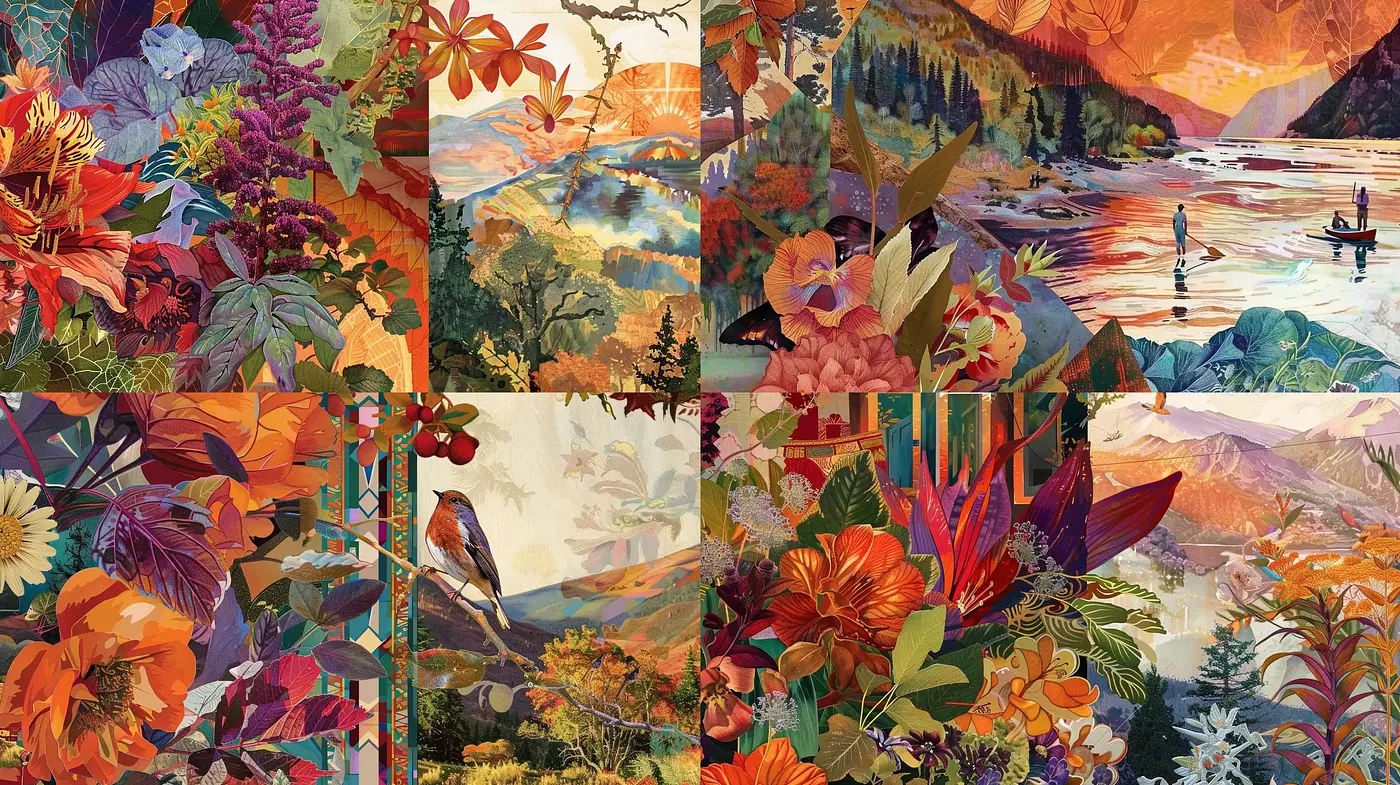 Vibrant Botanical Mosaics: A Fusion of Nature and Geometric Precision - Midjourney sref style