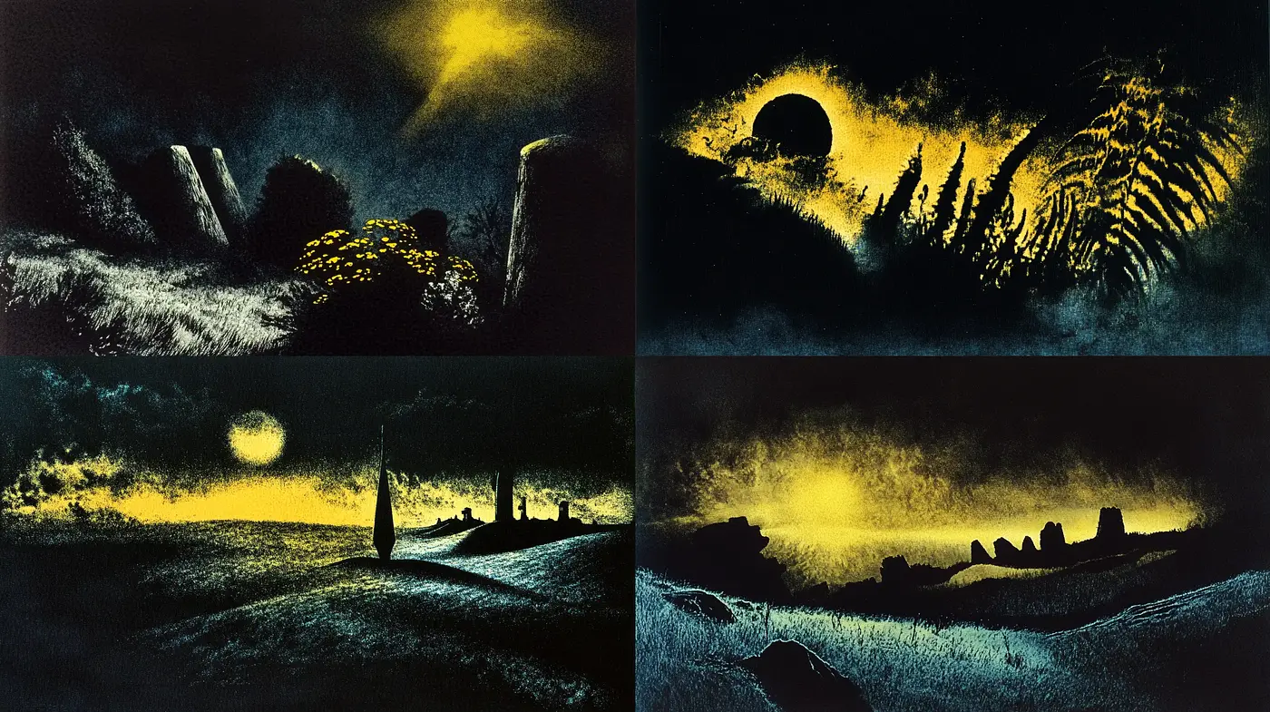 Nocturnal Elegy: Textured Landscapes under a Brooding Sky - Midjourney sref style