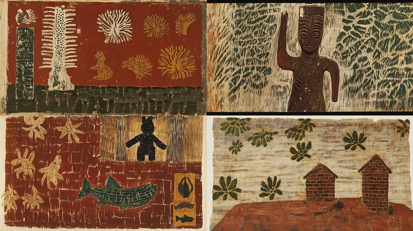 Primitive Art-Inspired Textural Synthesis with Earthy Tones - Midjourney sref style