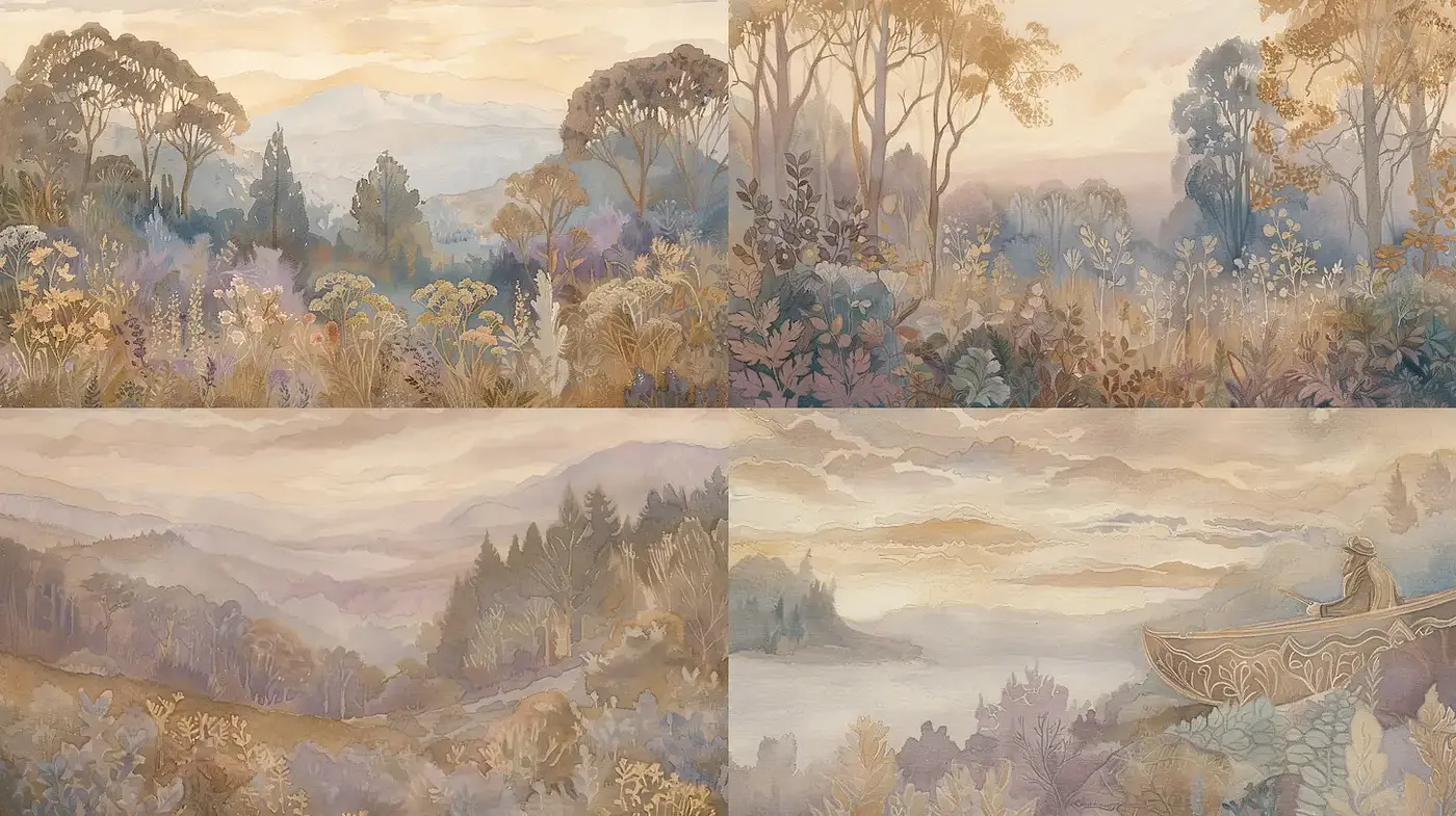 Dreamy and Ethereal Landscapes with a Subtle Art Nouveau Influence - Midjourney sref style