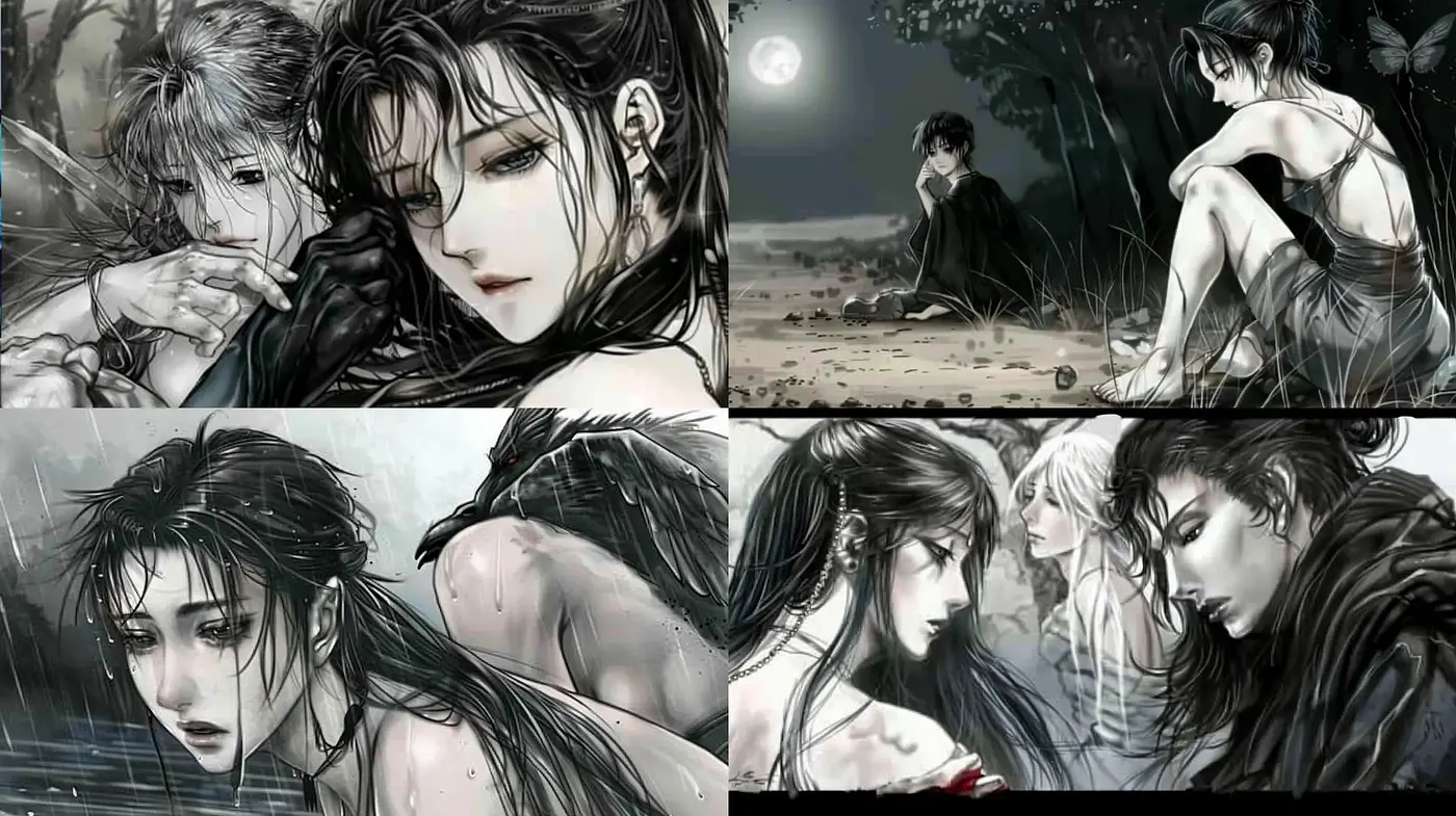 Monochromatic Anime-Inspired Illustrative Art with Emotional Overtones - Midjourney sref style
