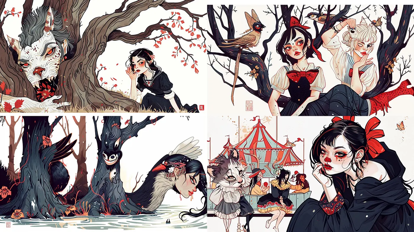 Whimsical Fairy Tale Narratives in Stylized Comic Art - Midjourney sref style