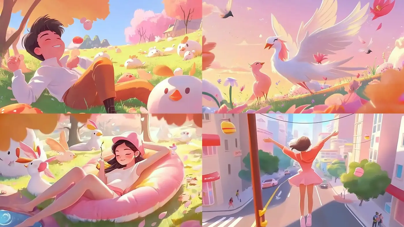 Sunlit Pastoral Dreamscapes: A Harmonious Blend of Vivid Colors and Whimsical Joy - Midjourney sref style
