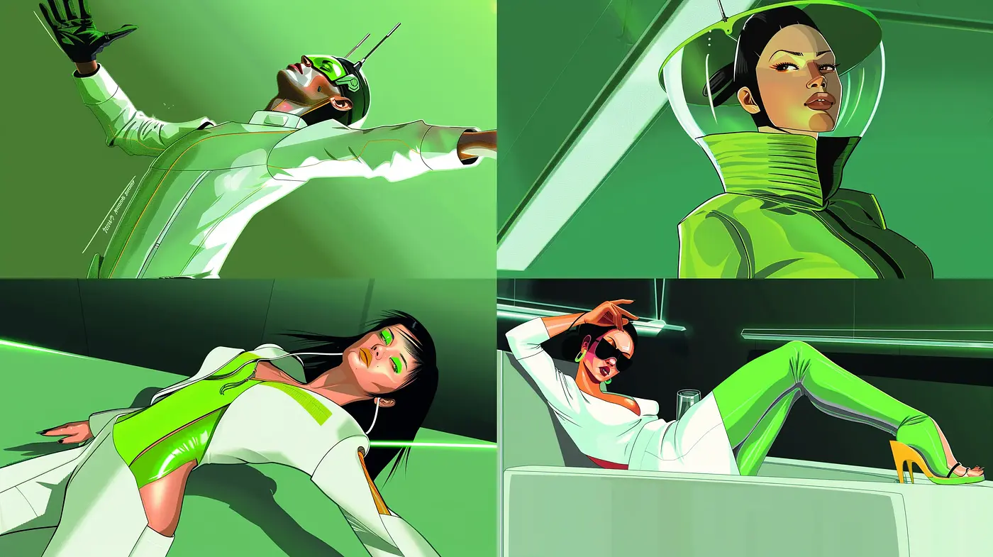 Futuristic Elegance in Luminous Viridian Hues - Midjourney sref style