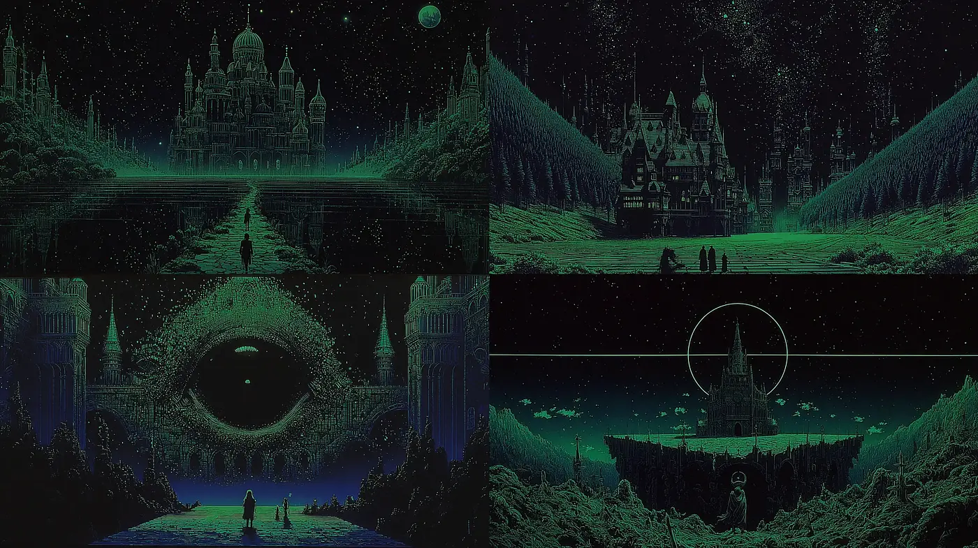 Ethereal Gothic Landscapes with a Neon Glow - Midjourney sref style