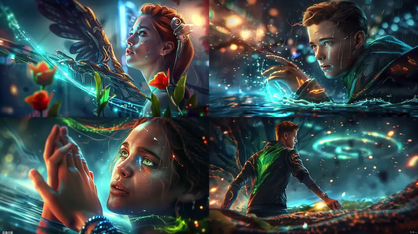 Futuristic fantasy with vibrant ethereal elements and a cinematic quality - Midjourney sref style
