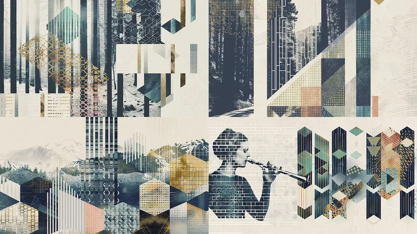 Contemporary Geometric Collage with Nature and Musical Elements - Midjourney sref style