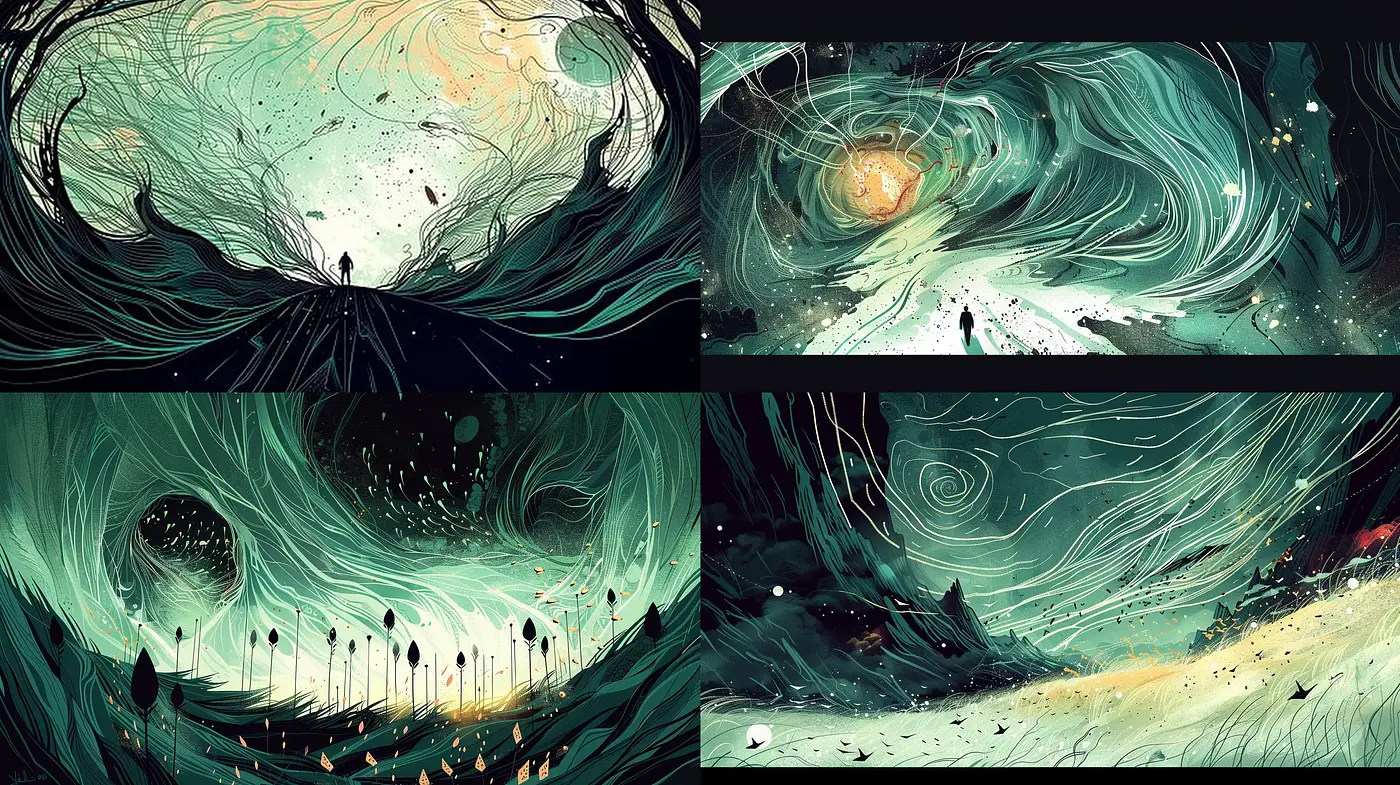 Ethereal Whirls of Emerald and Onyx: A Fusion of Abstract Expressionism and Digital Dreamscape - Midjourney sref style