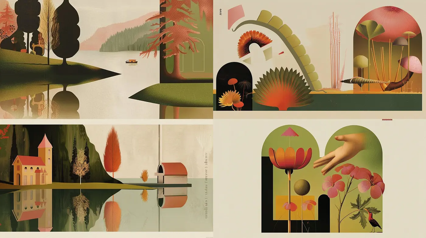 Serenity in Stylized Nature: A Cohesive Exploration of Artistic Serenity and Nature in a Modernist Reflection - Midjourney sref style