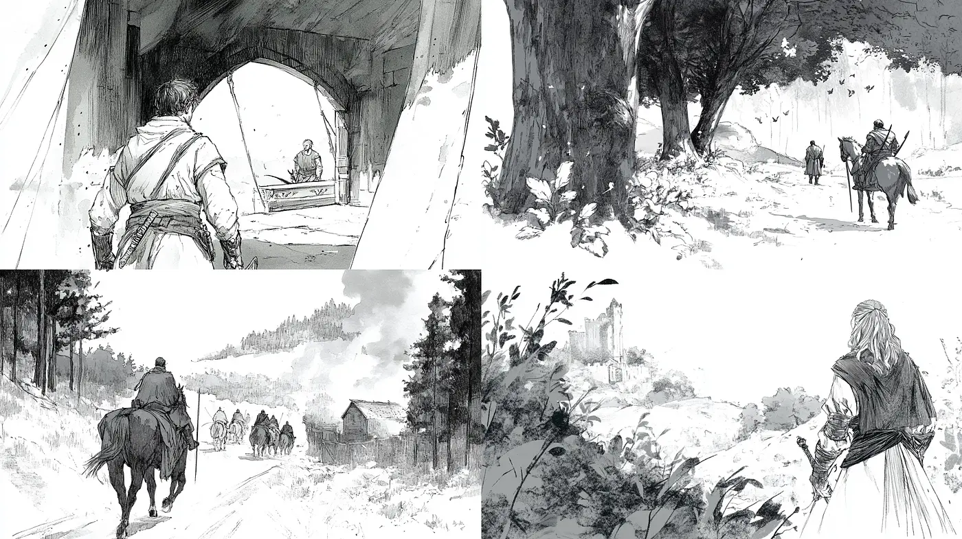 Monochromatic Storybook Illustration Exploration - Midjourney sref style