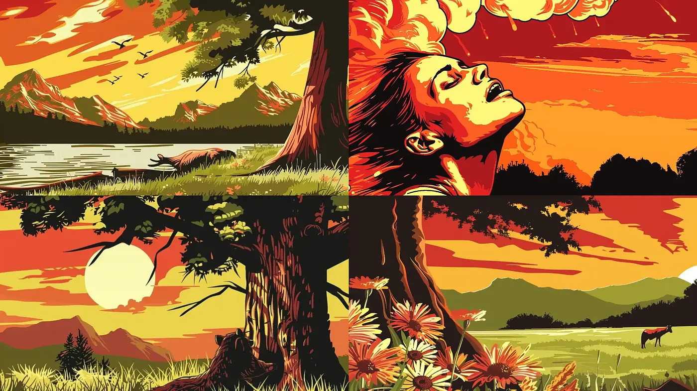 Sunset Reverie: Bold Contours and Vivid Hues in Nature-Inspired Art - Midjourney sref style