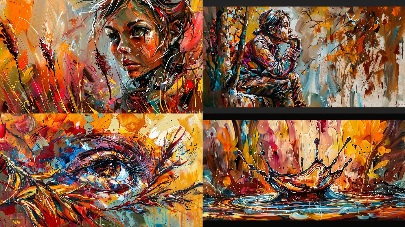 Vivid Splashes of Emotion: A Dynamic Intersection of Expressionism and Abstraction - Midjourney sref style
