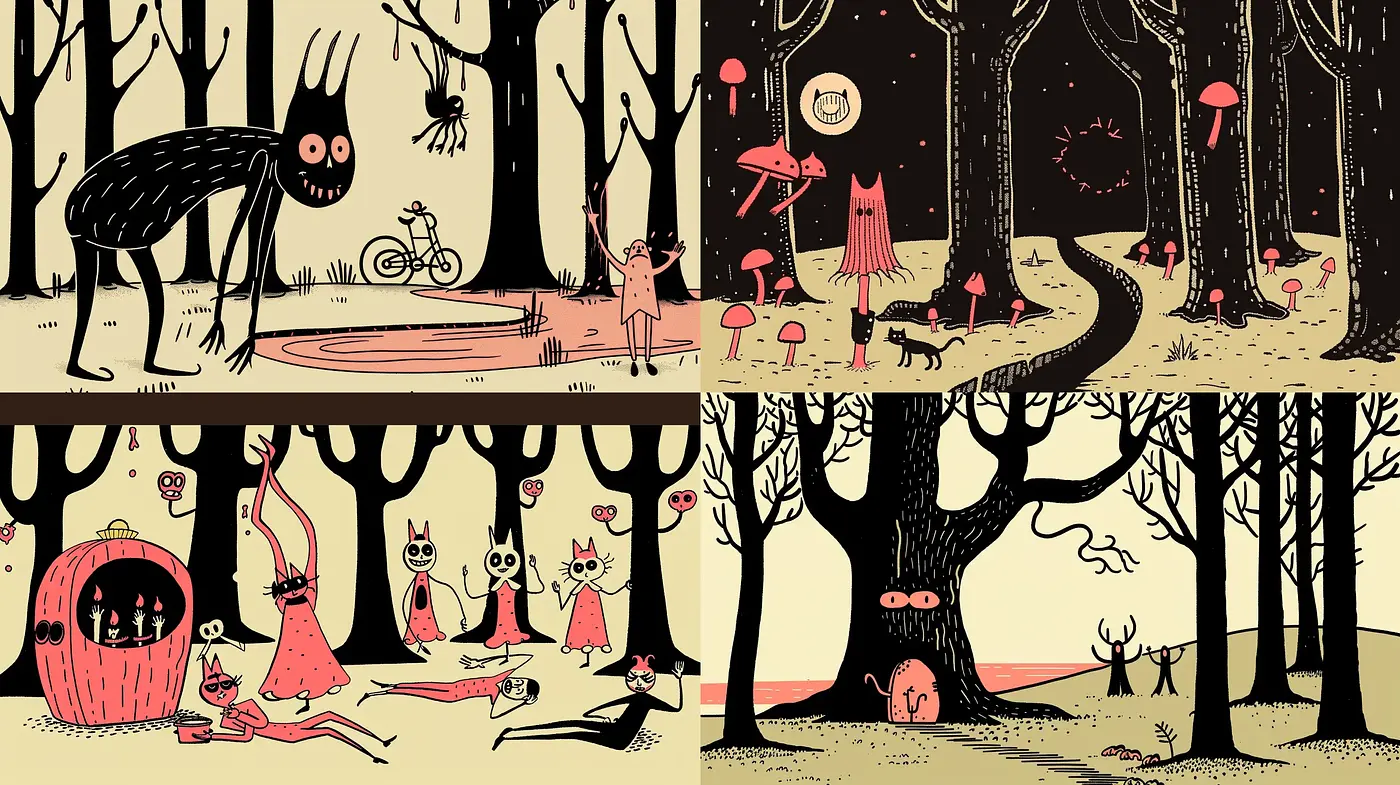 Whimsical Forest Tales in Monochrome with a Splash of Red - Midjourney sref style