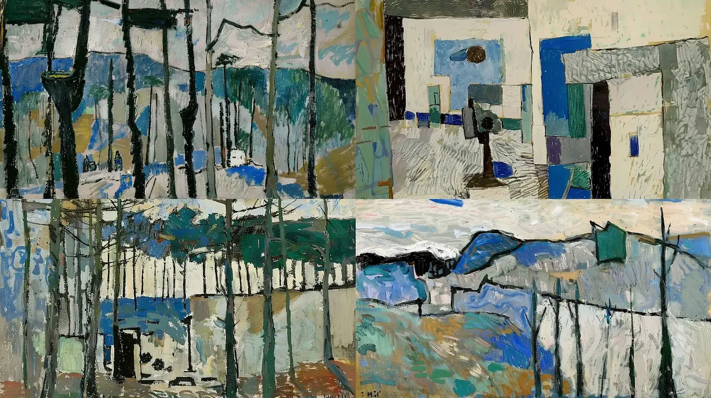 Abstract Landscape Narratives in Cool Tones and Structured Forms - Midjourney sref style