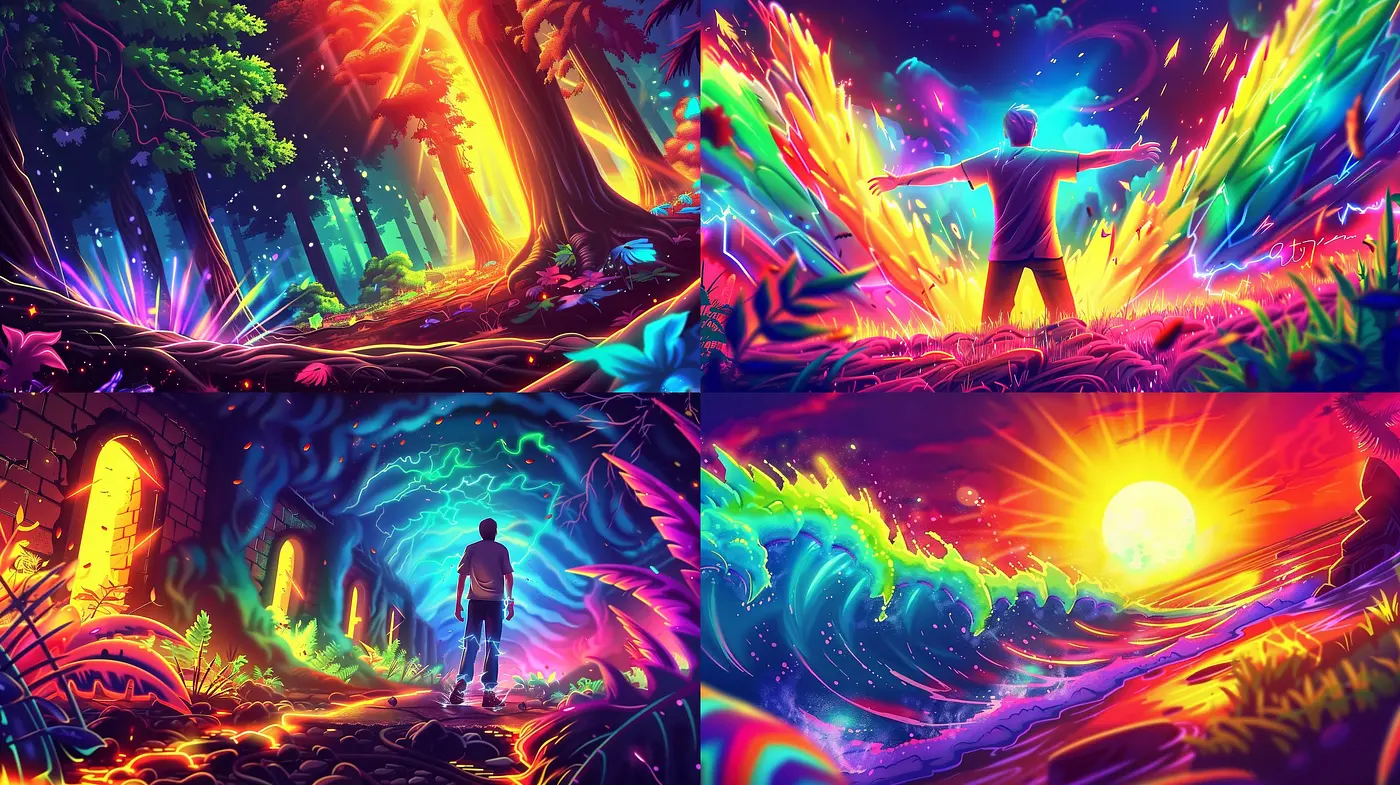 Vibrant Fantasia: A Kaleidoscope of Neon Nature and Energetic Hues - Midjourney sref style