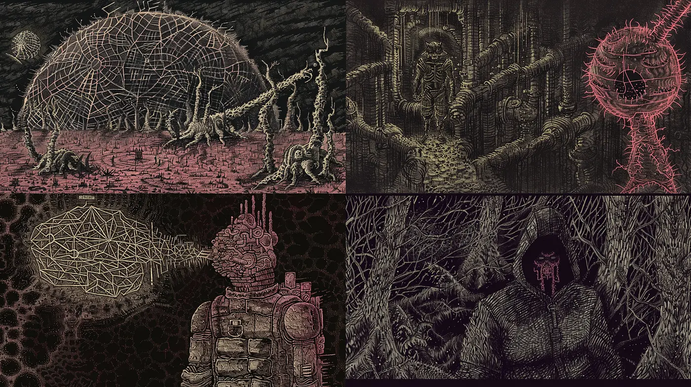Stylized Dystopian Visions with Intricate Textural Details - Midjourney sref style