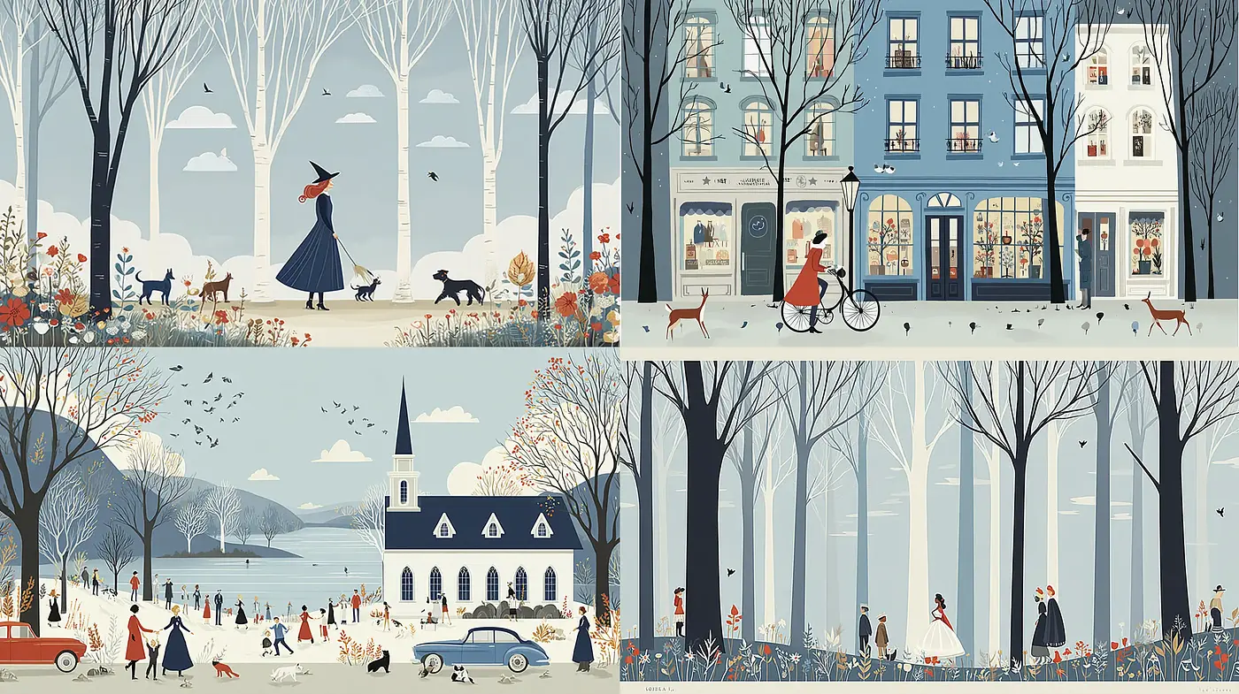 Charming Whimsical Illustrations with a Nostalgic Touch and Subtle Playfulness - Midjourney sref style