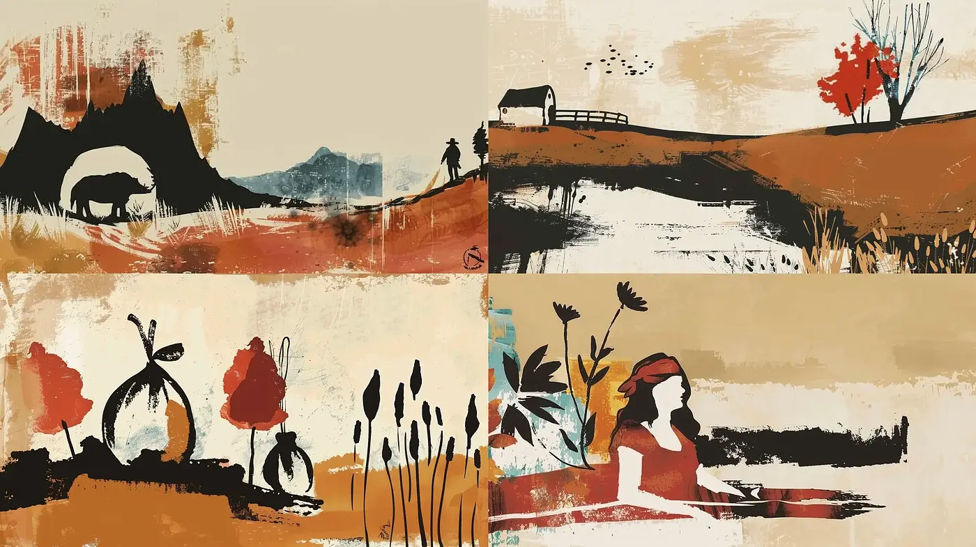 Rustic Textural Harmony with Abstract Expressionist Tones - Midjourney sref style