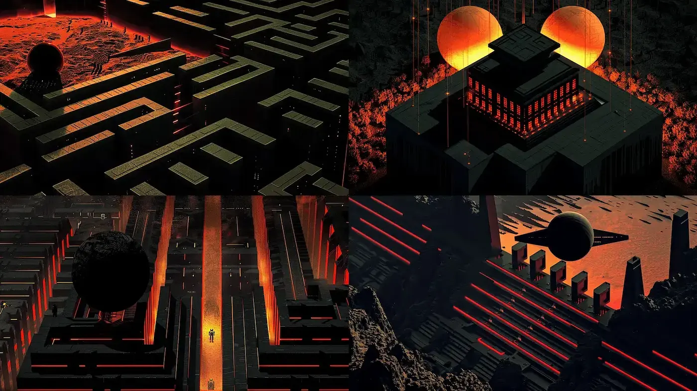 Mysterious and Engaging Futuristic Landscape with a Dark Aesthetic - Midjourney sref style