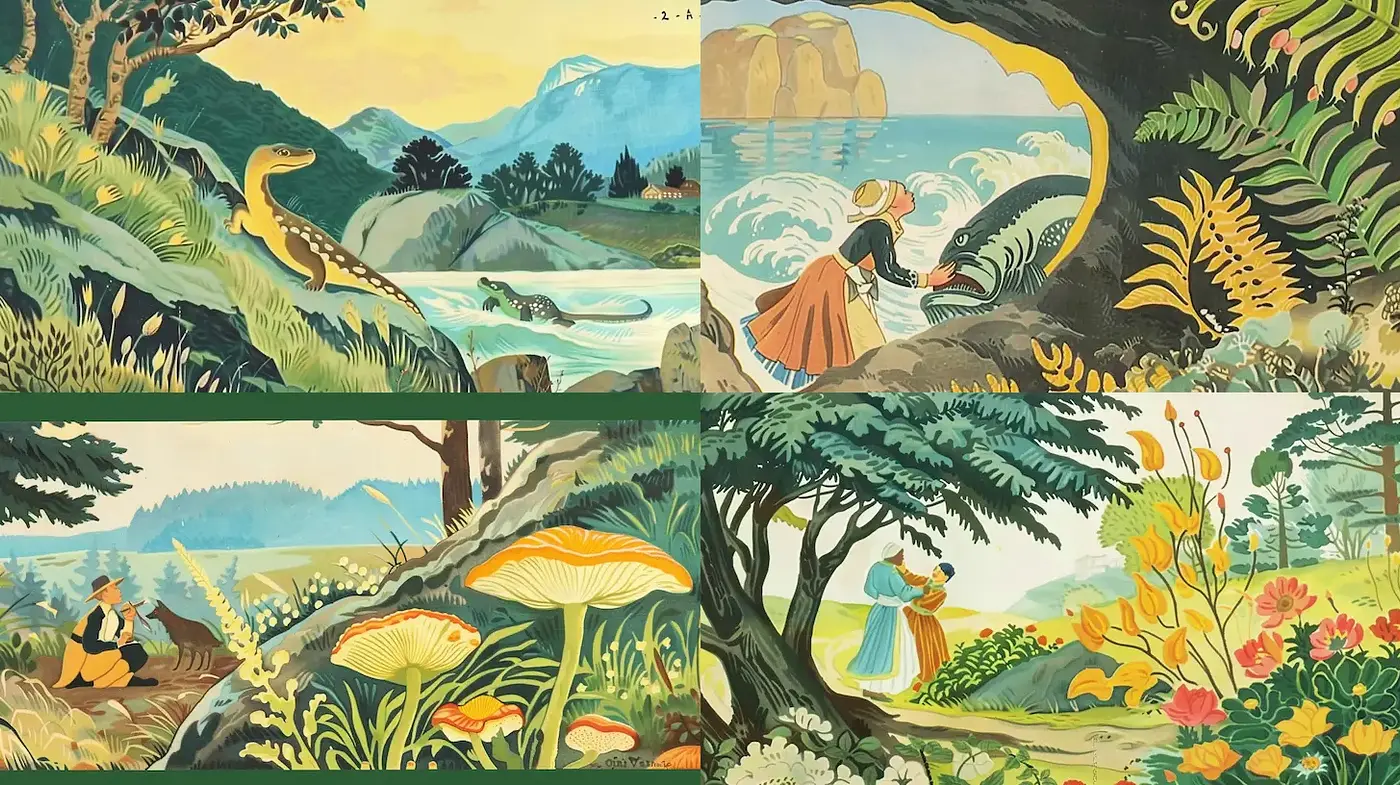 Whimsical Nature Illustrations with a Vintage Touch - Midjourney sref style