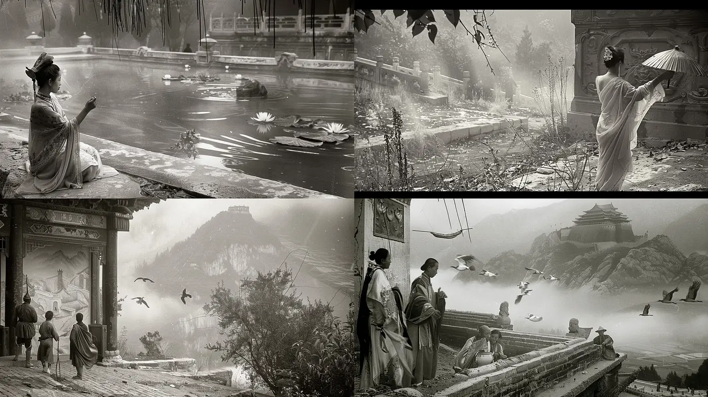 Monochromatic Elegance in Ethereal Oriental Sceneries - Midjourney sref style