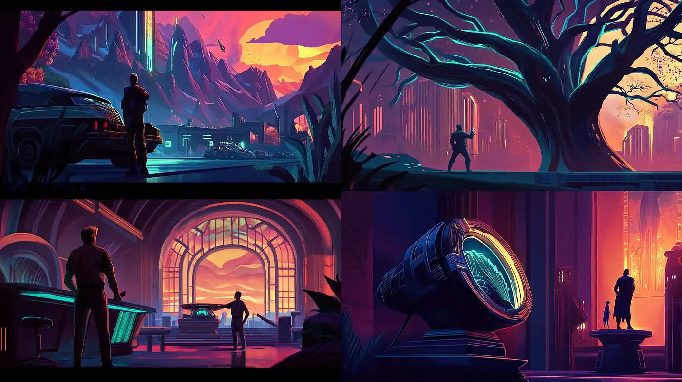 Twilight Neon Dreamscape: A Synthesis of Retrofuturism and Cinematic Noir - Midjourney sref style