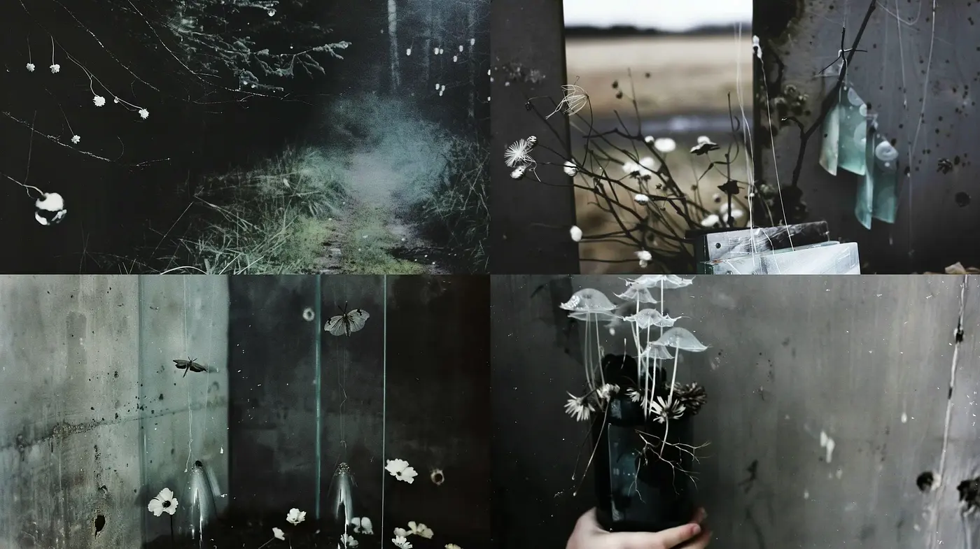 Ethereal Grunge Still Life with a Monochrome Tinge - Midjourney sref style