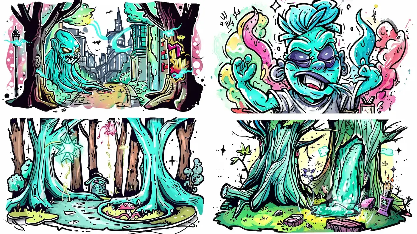 Surreal Comic Fusion in Whimsical Forest Vignettes - Midjourney sref style