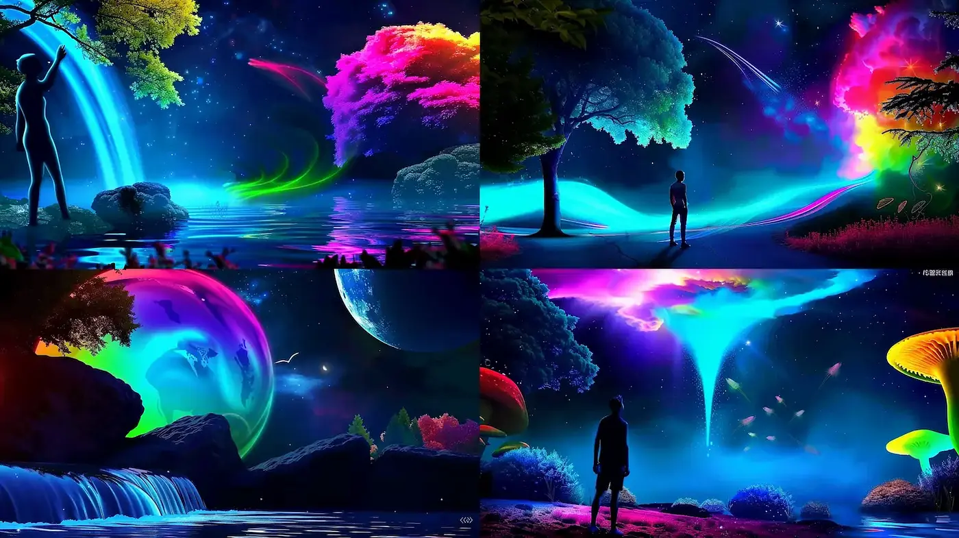 Vibrant Dreamlike Landscapes with Cosmic Elements - Midjourney sref style