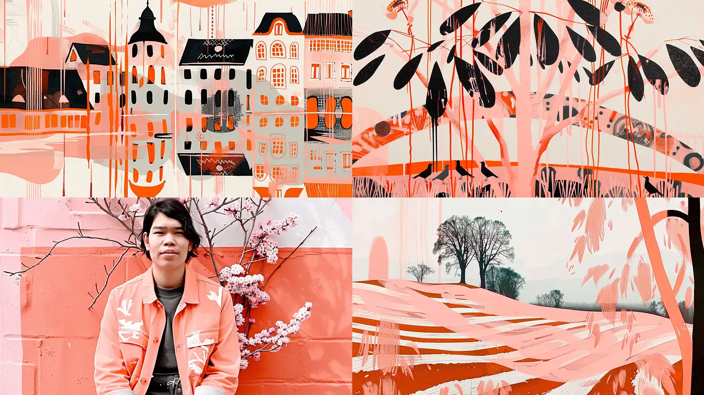 Monochrome Coral Montage: A Harmony of Blush Tones and Stylized Imagery - Midjourney sref style